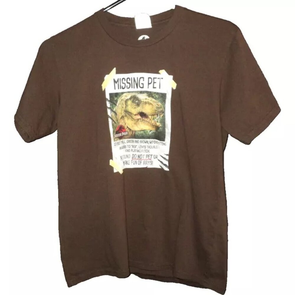 Jurassic Park Missing Pet T-Shirt T-Rex Boys Youth Size L Brown Short Sleeves